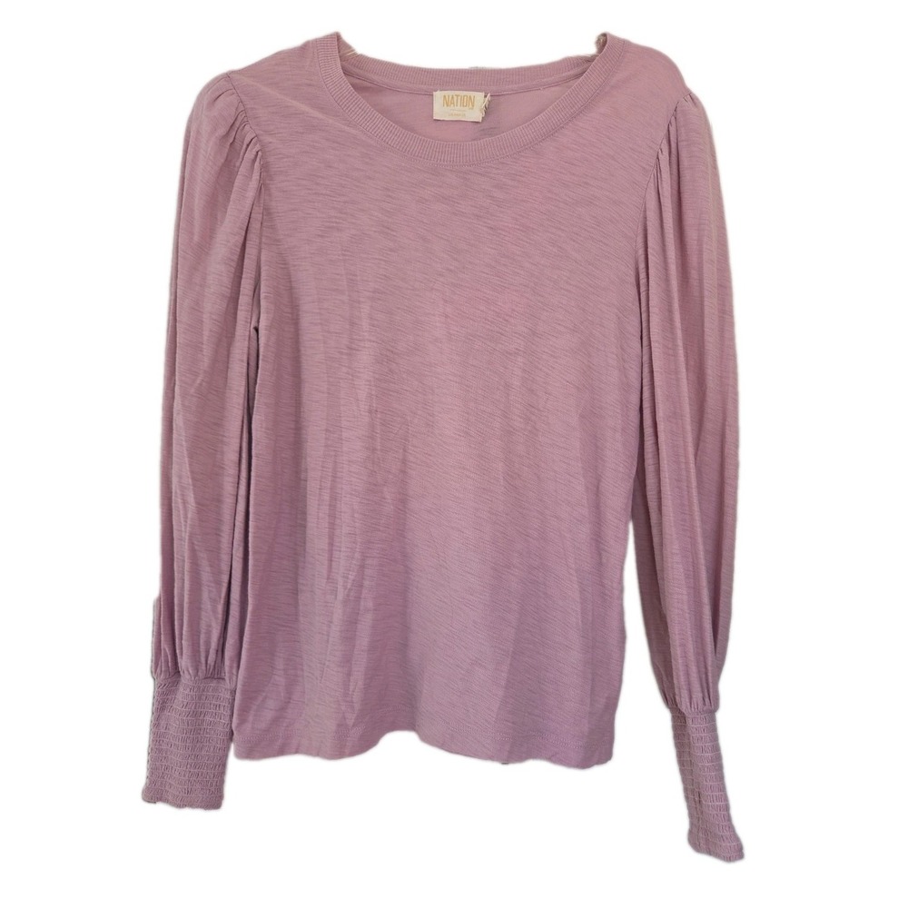 Nation LTD Puff Shoulder long sleeve Cotton Tee Shirt Smocked Cuffs Mauve Small